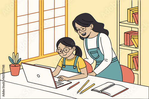 Mom working with kids in a home office—family teamwork, remote work lifestyle, multitasking, and balancing career and parenting in a modern workspace.