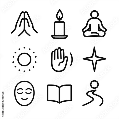 Spiritual Icon Set. Outline icon set of spiritual support: prayer hands, candle flame, meditation pose, sacred circle, healing