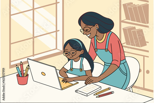 Mom working with kids in a home office—family teamwork, remote work lifestyle, multitasking, and balancing career and parenting in a modern workspace.