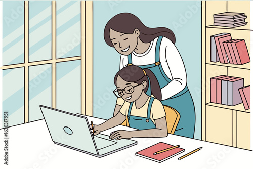 Mom working with kids in a home office—family teamwork, remote work lifestyle, multitasking, and balancing career and parenting in a modern workspace.