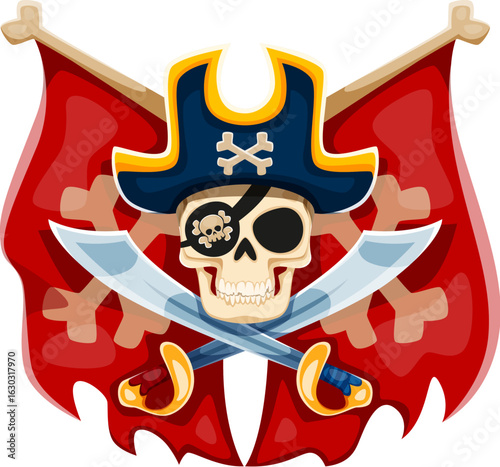 Cartoon pirate captain skull with crossed sabres and pennants. Cartoon vector heraldic emblem with grinning jolly Roger skull with an eye patch and crossed swords, evokes theme of high seas adventure