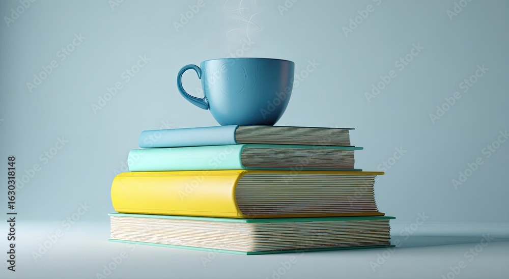 Naklejka premium A stack of books, topped by a light blue mug, steaming gently