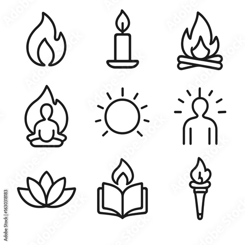 Spiritual Fire Icons Set. Outline icon set of spiritual fire: enlightened flame, burning candle, sacred fire, meditation aura,