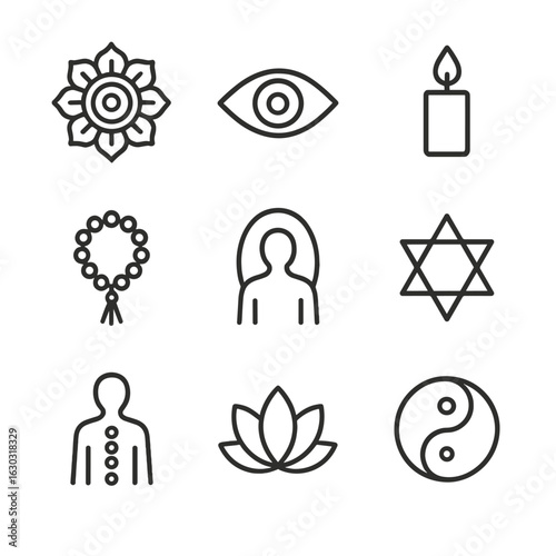 Spiritual Icons Grid. Outline icon set of origin in spirituality: mandala, third eye, candle flame, prayer beads, aura, sacred