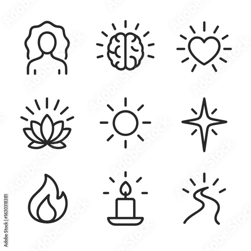 Spiritual Light Icons. Outline icon set of spiritual light: aura outline, enlightened brain, open heart glow, lotus with rays,