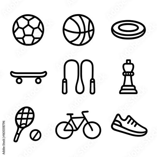 Sports Icon Set. Outline icon set of good vibes sports and games: soccer ball, basketball, frisbee, skateboard, jump rope, chess