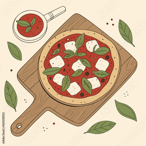 Overhead view of a pizza with mozzarella and basil on a wooden board next to a bowl of tomato sauce