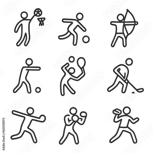 Sports Icons Set. Outline icon set of sports shots: basketball shot, soccer kick, archery arrow, golf swing, tennis serve, hockey