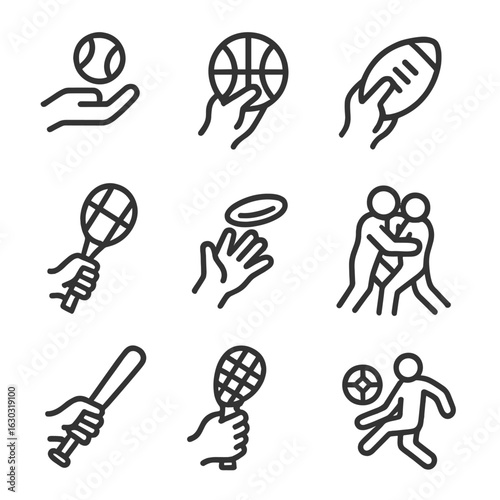 Sports Action Icon Set. Outline icon set of sports grabbing actions: catch baseball, grab basketball, hold football, grip racket,