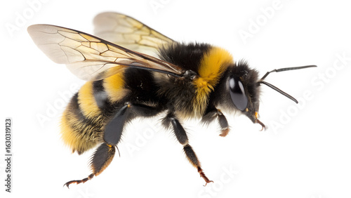 Closeup of a fuzzy bumblebee with yellow and black stripes isolated on transparent background