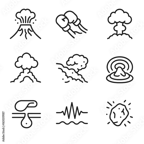 Sports and Eruption Icons. Outline icon set of sports and game clashes: football tackle, boxing gloves, wrestling grip, referee