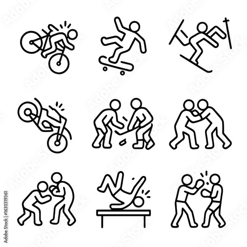 Sports Crash Icons. Outline icon set of sports crashes: bicycle crash, skateboard fall, skiing accident, motocross crash, ice
