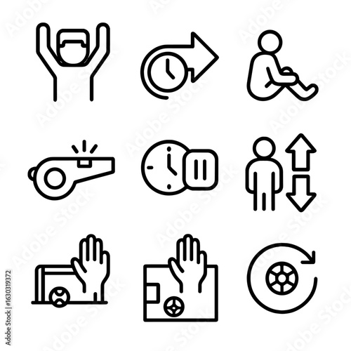 Sports Delay Icons. Outline icon set of delay in sports: timeout, slow motion, injury break, referee whistle, clock pause,