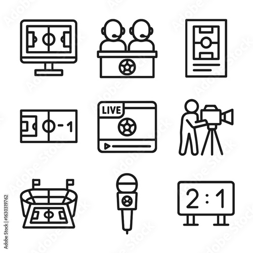 Sports Media Icons. Outline icon set of pitch in media: sports broadcast, commentary booth, sports report, score graphics, live