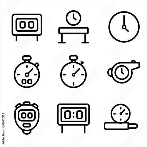 Sports Timer Icon Set. Outline icon set of sports timers: race timer, start line countdown, finish clock, lap tracker, marathon