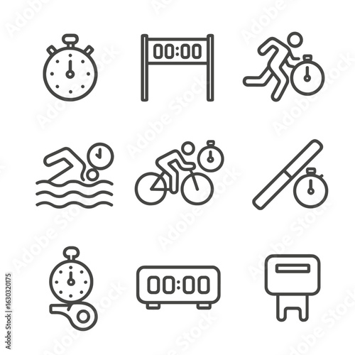 Sports Timing Icons. Outline icon set of sports timing: race stopwatch, finish line timer, sprint timer, swimming timer, cycling