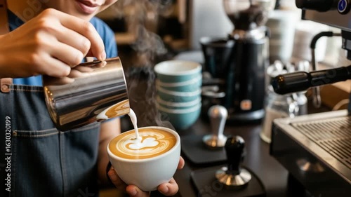 Barista Creating Latte Art in Cozy Café — Handcrafted Coffee Moment