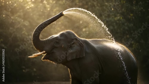 Elephant Spraying Water Over Itself with Trunk While Bathing in Forest — Natural Wildlife Behavior.