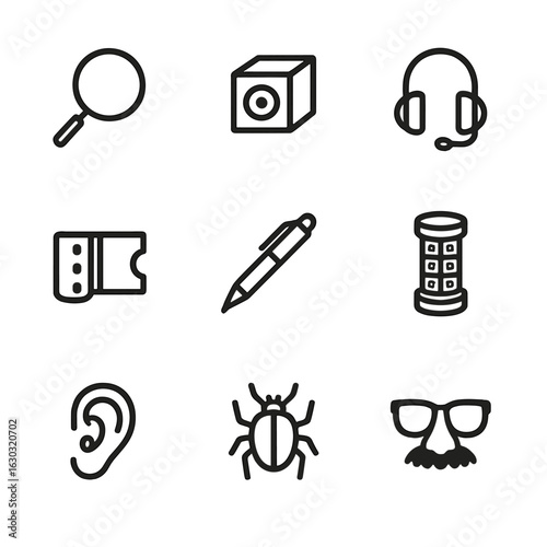 Spy Gadget Icons. Outline icon set of spy gadgets: magnifying glass, hidden camera, listening device, microfilm, secret pen