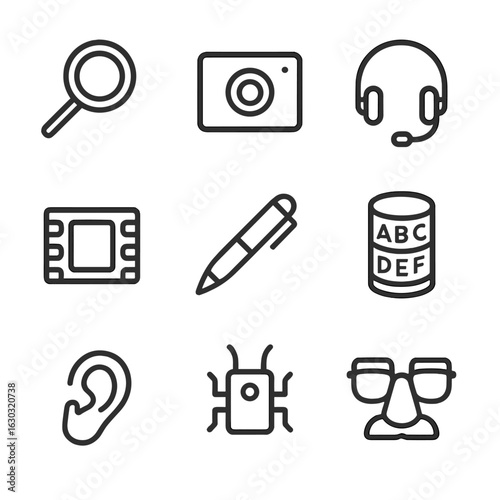 Spy Gadget Icons. Outline icon set of spy gadgets: magnifying glass, hidden camera, listening device, microfilm, secret pen
