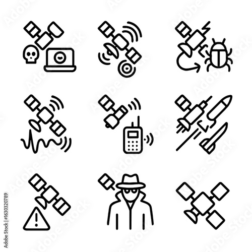Spy Satellite Icon Set. Outline icon set of spy satellite threats: hacking, signal interception, cyber attack, signal spoofing,