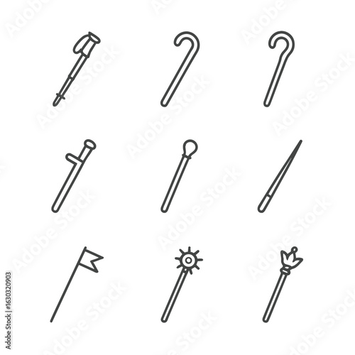 Staff Icon Collection. Outline icon set of staff in practical use: hiking pole, walking cane, shepherd staff, security baton,