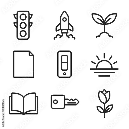 Starting Icon Set. Outline icon set of start themes: green traffic light, rocket launch, fresh sprout, blank page, light switch on
