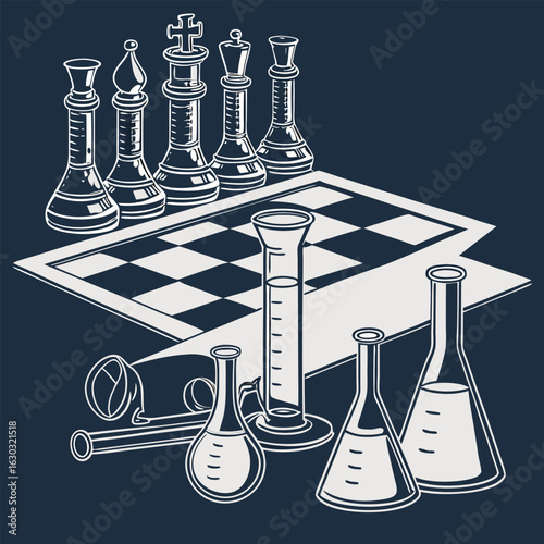 Chess pieces and various scientific beakers and flasks arranged on a chessboard in a stylized design