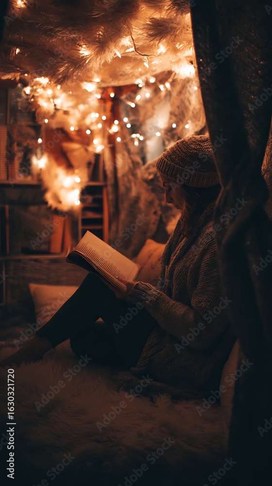 Fototapeta premium A woman sits reading a book in a cozy, warm setting.