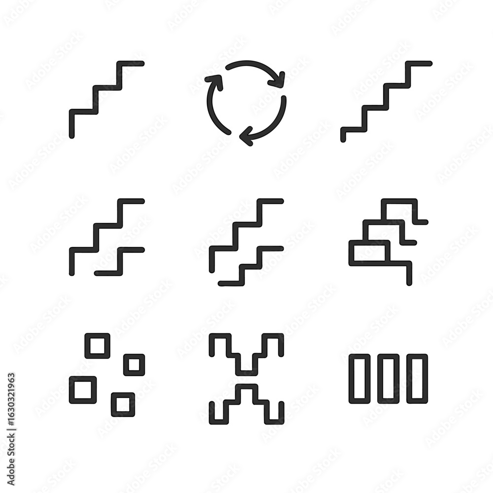 Obraz premium Step Sequence Icons. Outline icon set of step sequences: linear step, circular step, zigzag step, alternating step, double step,