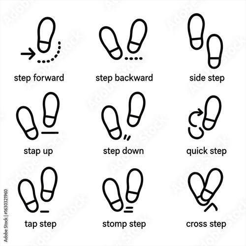 Step Movements Icons. Outline icon set of step movements: step forward, step backward, side step, step up, step down, quick step,