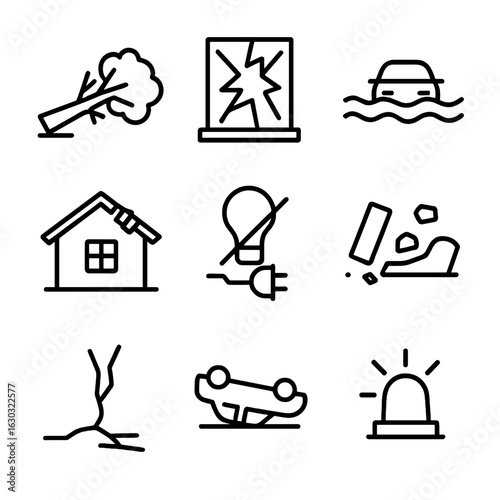 Storm Damage Icons Set. Outline icon set of storm damage: fallen tree, broken window, flooded street, damaged roof, power outage,