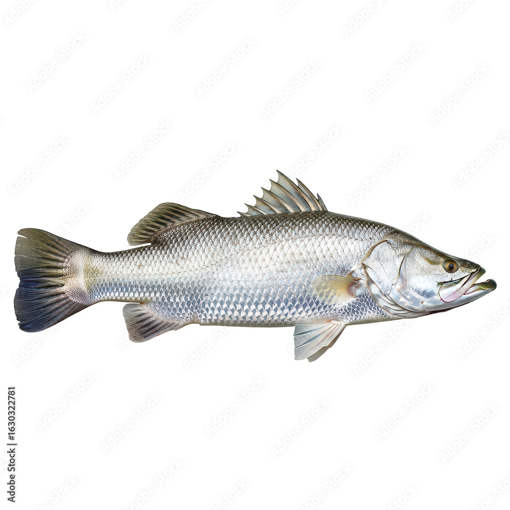 Fototapeta premium Barramundi Fish Shimmering Silver Scales & Pointed Fins