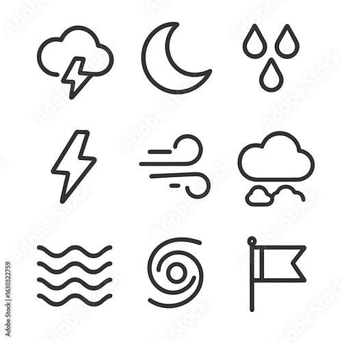 Stormy Night Icons. Outline icon set of stormy night symbols: thundercloud, crescent moon, rain drops, lightning flash, wind swirl