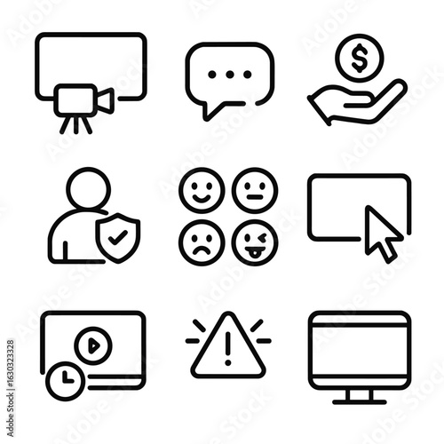Streaming Icon Set. Outline icon set of real-time streaming: live broadcast, chat interaction, donation, moderator, emotes, screen