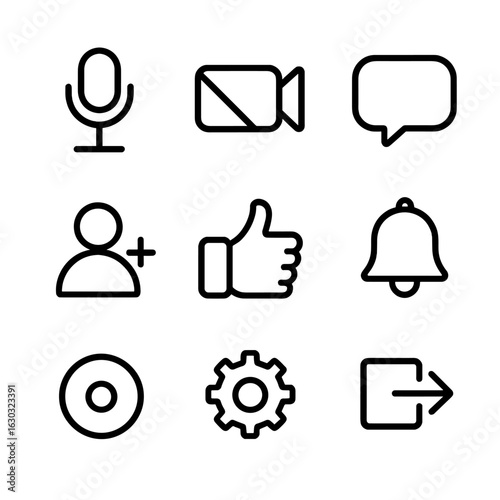 Streaming Controls Icons. Outline icon set of streaming controls: microphone mute, camera on/off, chat message, subscriber, likes,