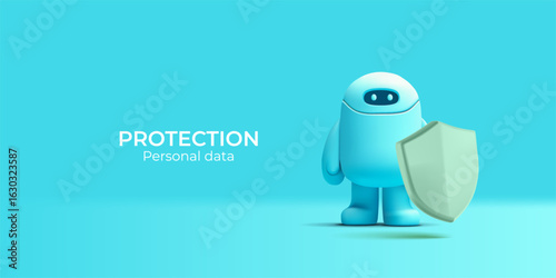3D robot, droid with shield. Modern banner for concepts of cyber security, personal data protection, science, technology. Vector illustration.