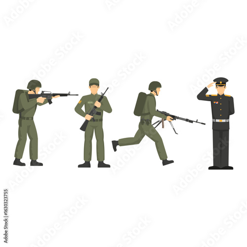 A collection of military soldier vectors showing combat action and a saluting officer.