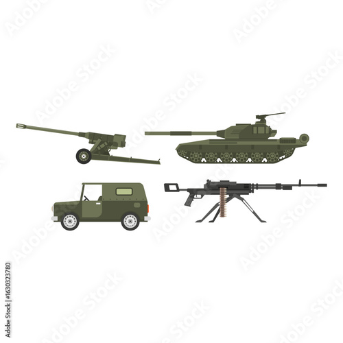 Collection of military equipment and army vehicle vectors set. Tank, artillery, and gun illustrations.