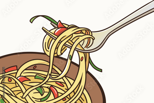 Tasty cooked noodles on silver fork with vegetables and sauce, close-up vector food illustration, no people, delicious detail and flavor