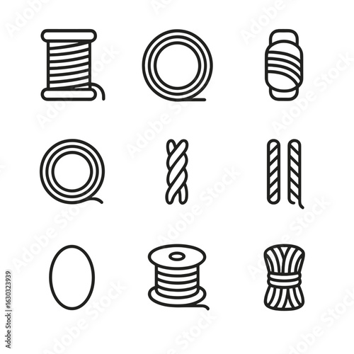 String Material Icons. Outline icon set of string materials: cotton thread, nylon string, silk thread, steel wire, hemp rope,