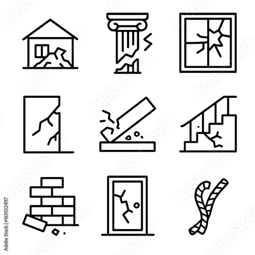 Structural Wreckage Icons. Outline icon set of structural wreckage: collapsed roof, broken pillar, shattered window, cracked wall,