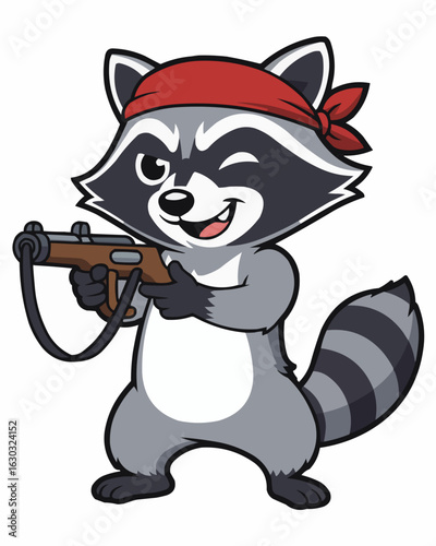 Cartoon Raccoon Mascot with Bandana and Slingshot