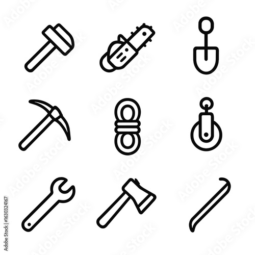 Struggle Tools Icons. Outline icon set of struggle tools: hammer, chainsaw, shovel, pickaxe, rope, pulley, wrench, axe, crowbar.