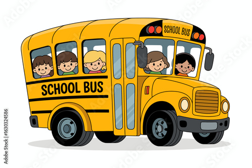 Colorful cartoon illustration of a classic yellow school bus with smiling children inside, showcasing fun and safe transportation for students on a white background.