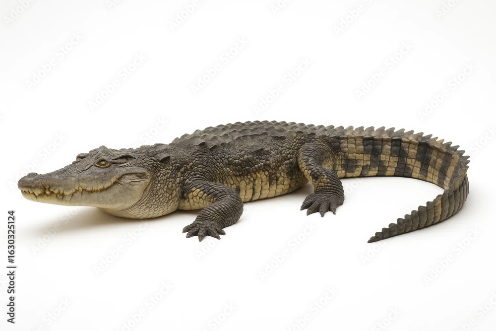 Naklejka premium A lone alligator lies serenely on a pristine white background, its scales shimmering in hues of brown and black