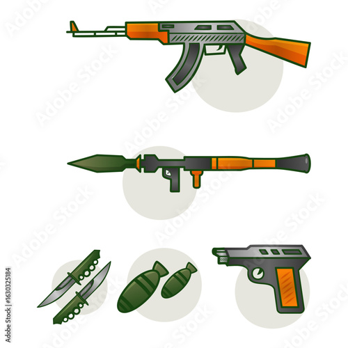 Modern warfare and armament vector icon set with assorted weapon vectors for design