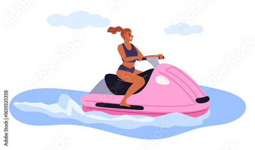 Young woman rides jet ski in sea during summer vacation. Girl driving aqua bike. Sea travel. Water waves scooter. Seaside speed transport. Extreme sport and resort leisure. Vector concept