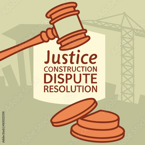 Illustration depicting justice in construction disputes with gavel and construction crane in background
