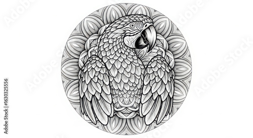 Intricate black and white parrot mandala design
